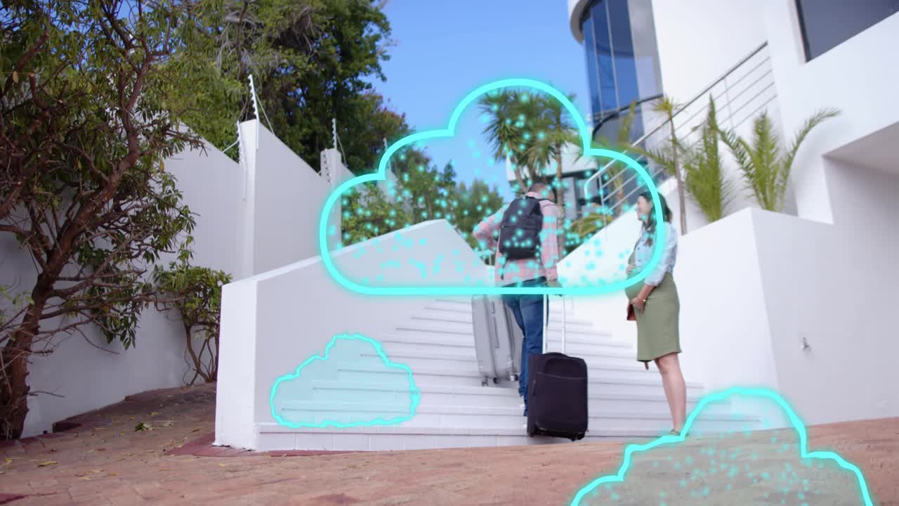 Two women traveling ascending white stairs and pulling suitcases as teal clouds outlining luggage