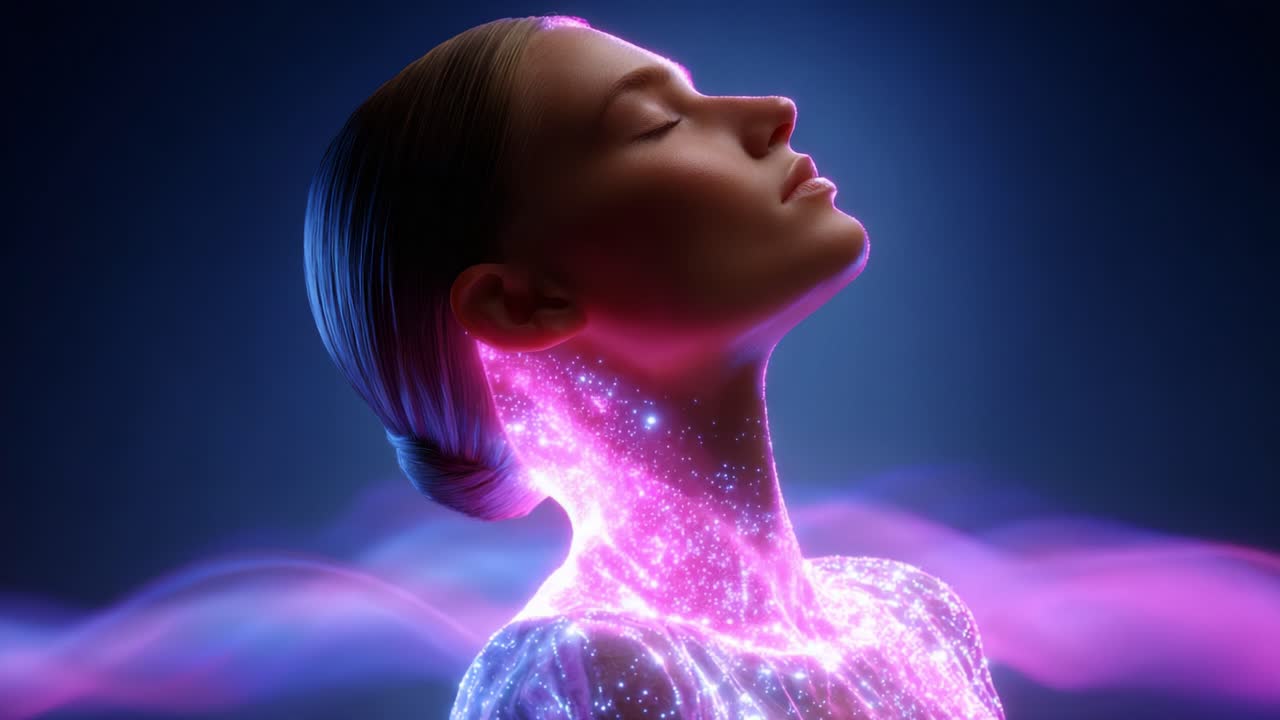 A captivating portrayal of a luminous figure enveloped in vibrant cosmic colors, representing transcendence and the merging of human essence with a beautiful, radiant aesthetic, illuminating the power of self-expression and artistry