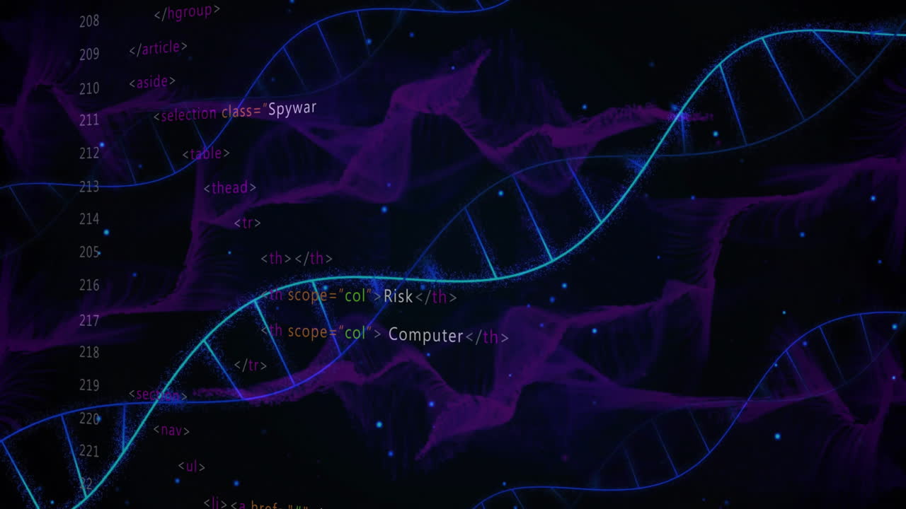 DNA strands and HTML code over digital data visualization
