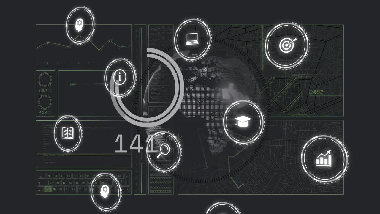 Digital icons and data processing over world map and charts animation
