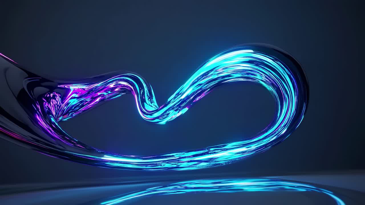 Flowing metallic structure with vibrant neon blue and purple lighting on a dark background