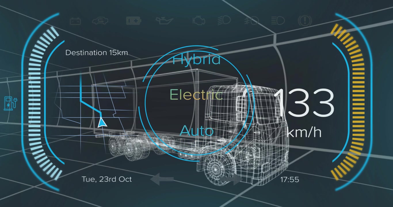HUD Iniciando a Alternância de Modos de Condução, Mostrando Caminhão em Wireframe em Mapa de 15km, Animando Medidores de Velocidade