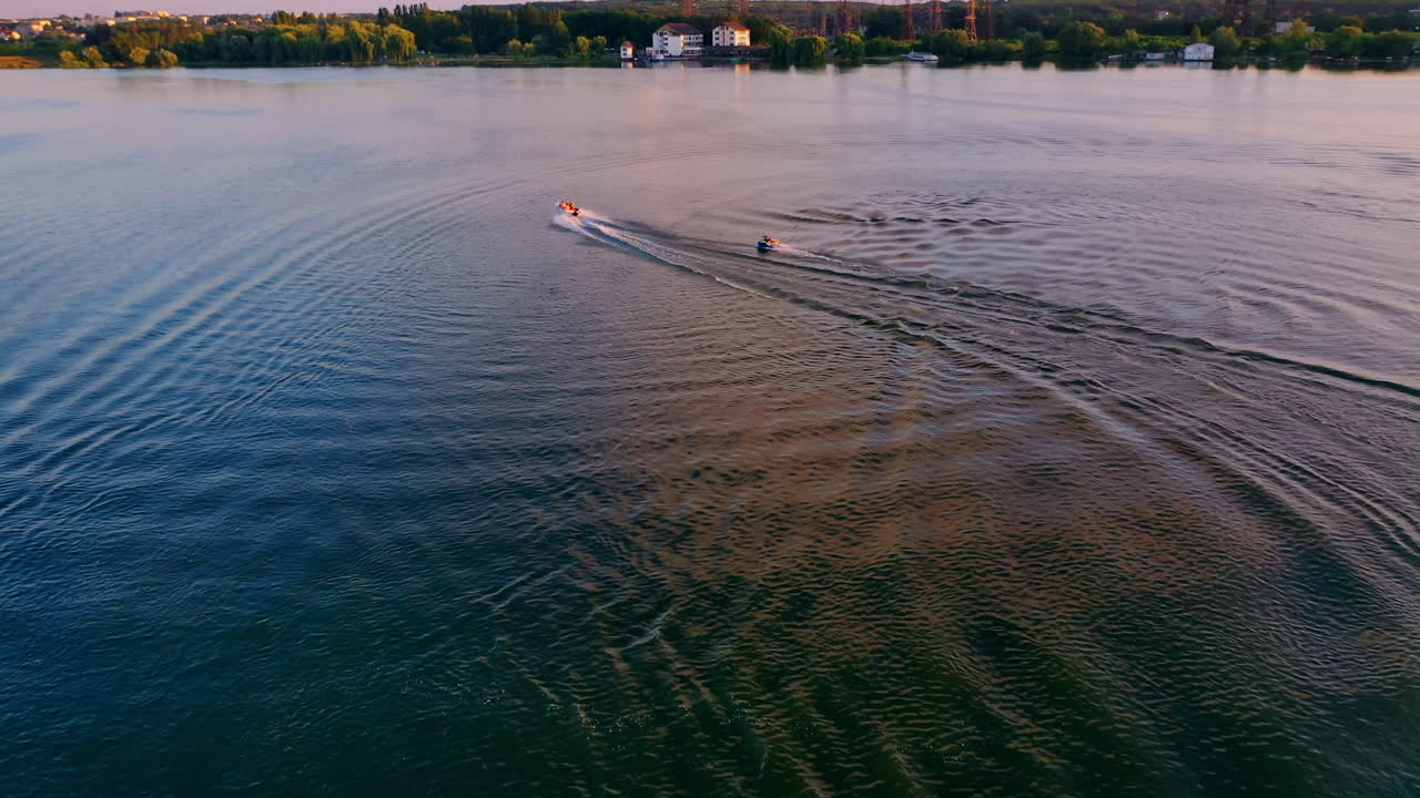 Motor ship sails on river. High speed boat moving on lake