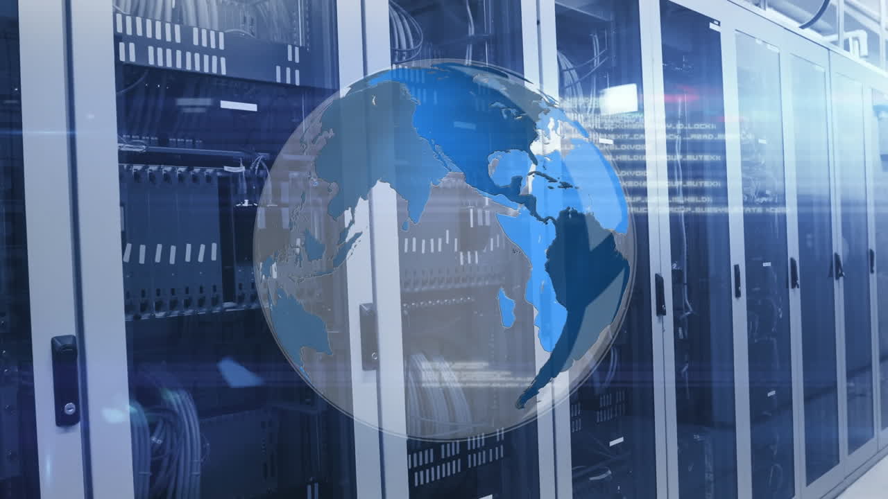 Animation of data processing over spinning globe against computer server room