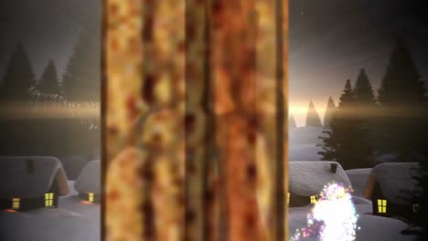 animación del paisaje de invierno, casas y estrellas fugaces vistas a través de la ventana