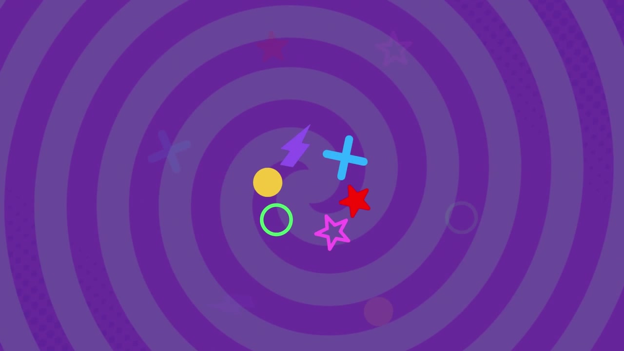 Animazione di forme e cerchi viola che si muovono su uno sfondo in loop continuo