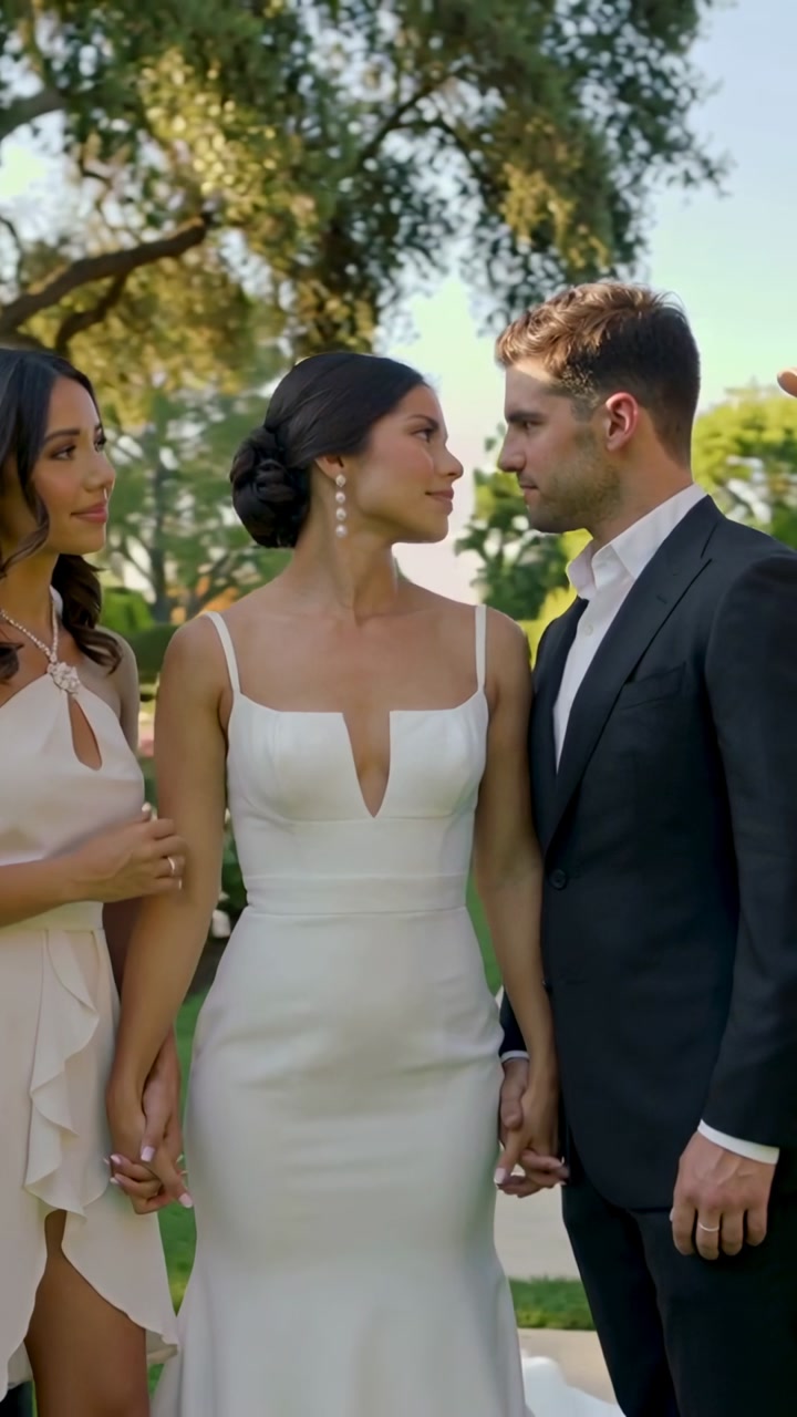 Vertical video: Turning bride facing groom on lawn, bridesmaid holding hand, phone starting capture