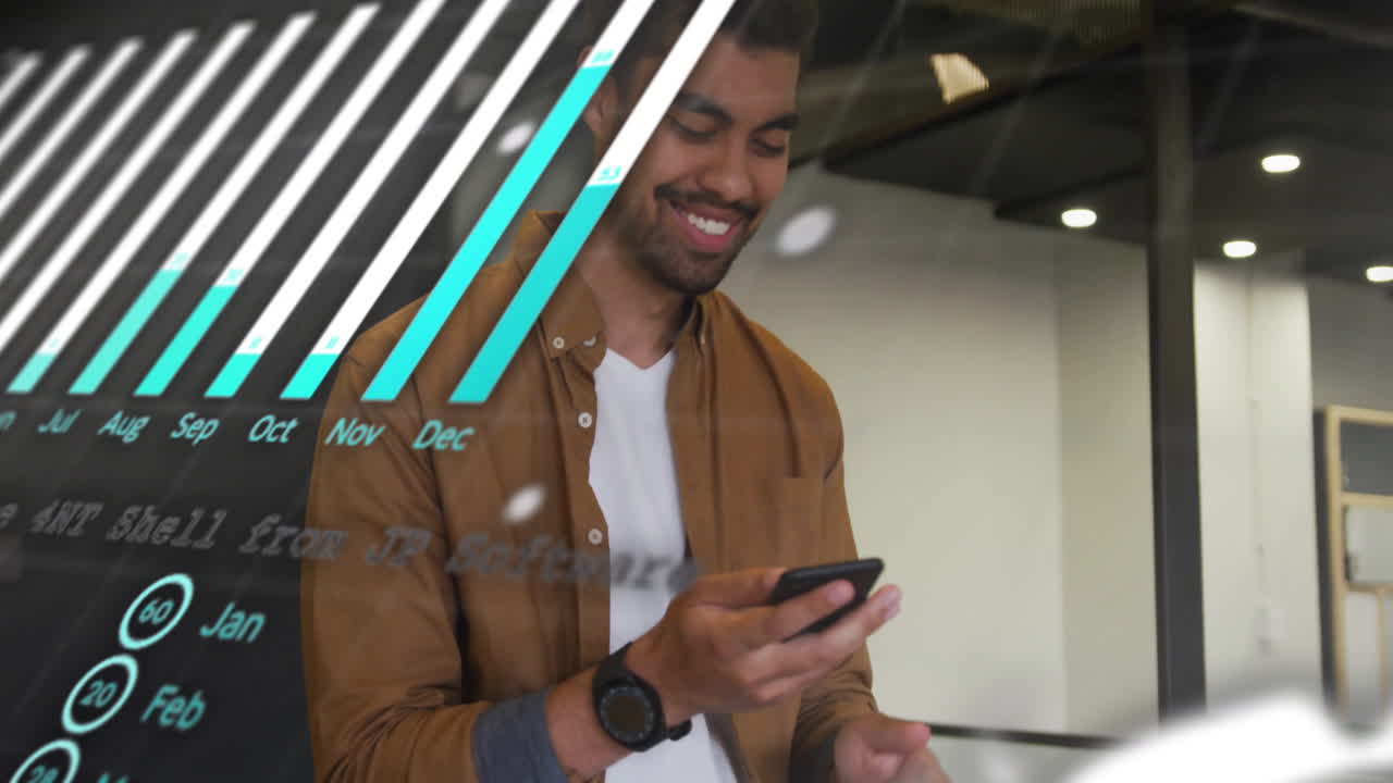 animación del procesamiento de datos financieros sobre empresario biracial en el cargo