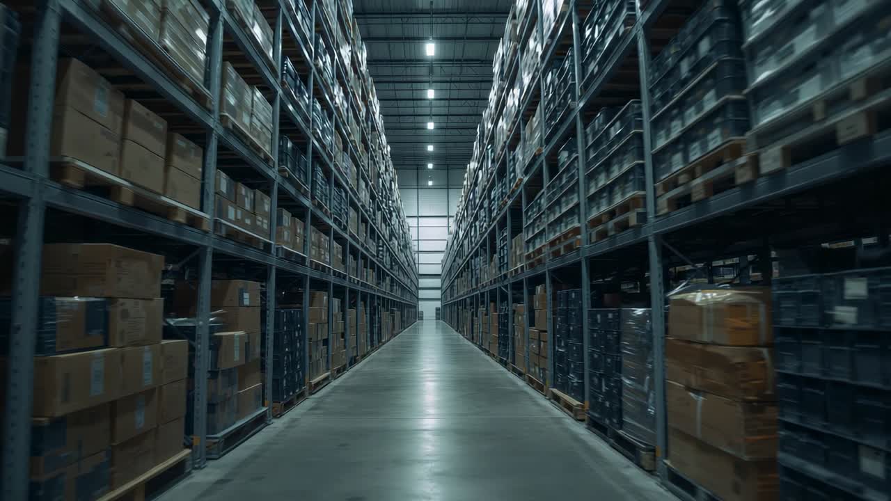 Tracking camera dolly moving forward down centered warehouse aisle, revealing stocked pallet racks