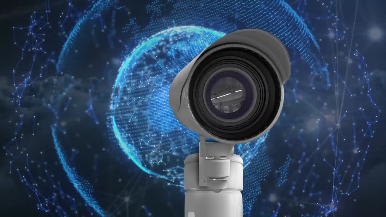 Animazione di un globo di connessioni luminose e di una telecamera di sicurezza in movimento