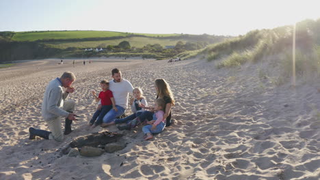 Drone-Shot-Of-Multi-Generation-Family-Having-Evening-Barbecue-Around-Fire-On-Beach-Vacation