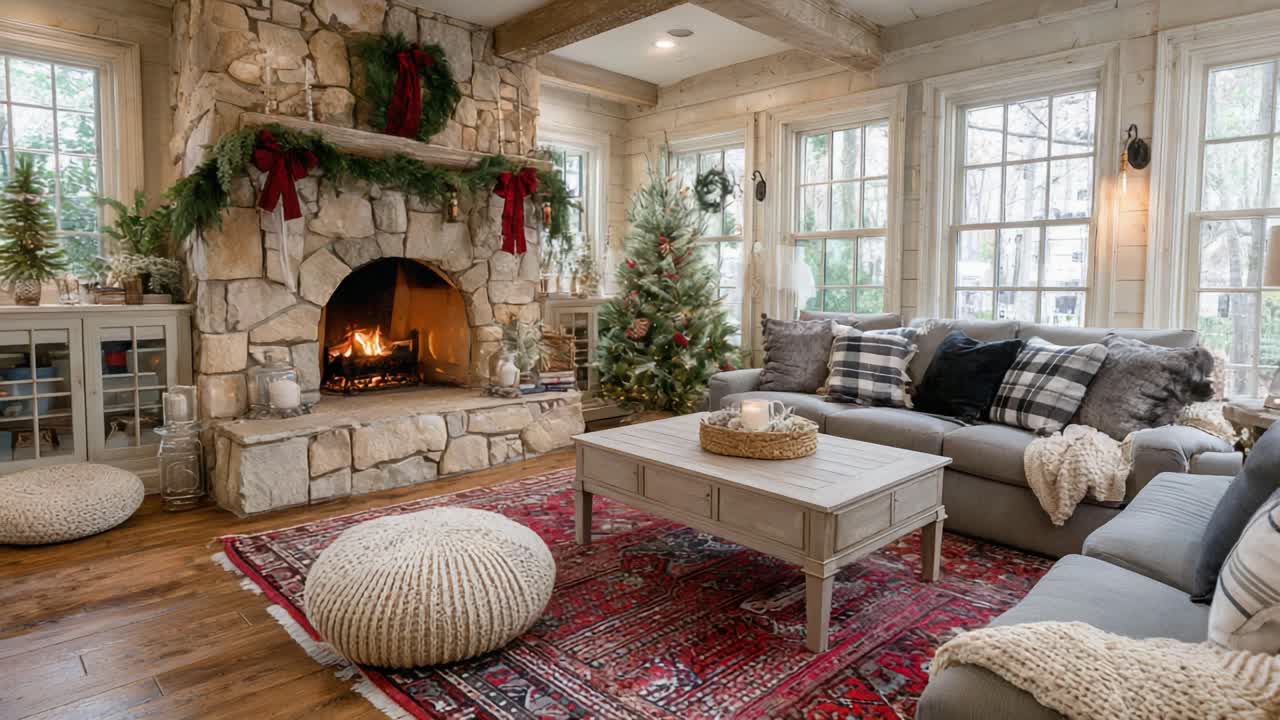 A Cozy and Inviting Living Room Decorated for the Holidays, Featuring a Stone Fireplace, Plush Seating, and Beautiful Seasonal Touches
