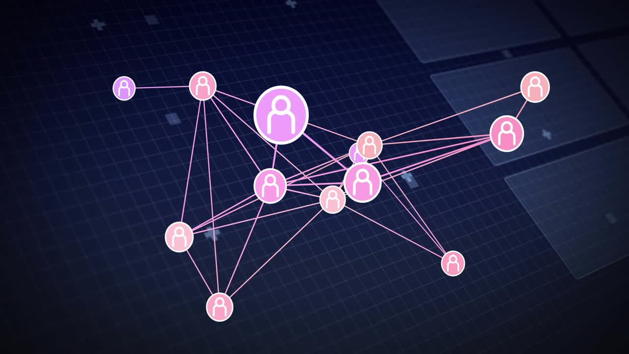 Camera pan and slight zoom starting, purple hub avatar reshaping links to visualize network growth