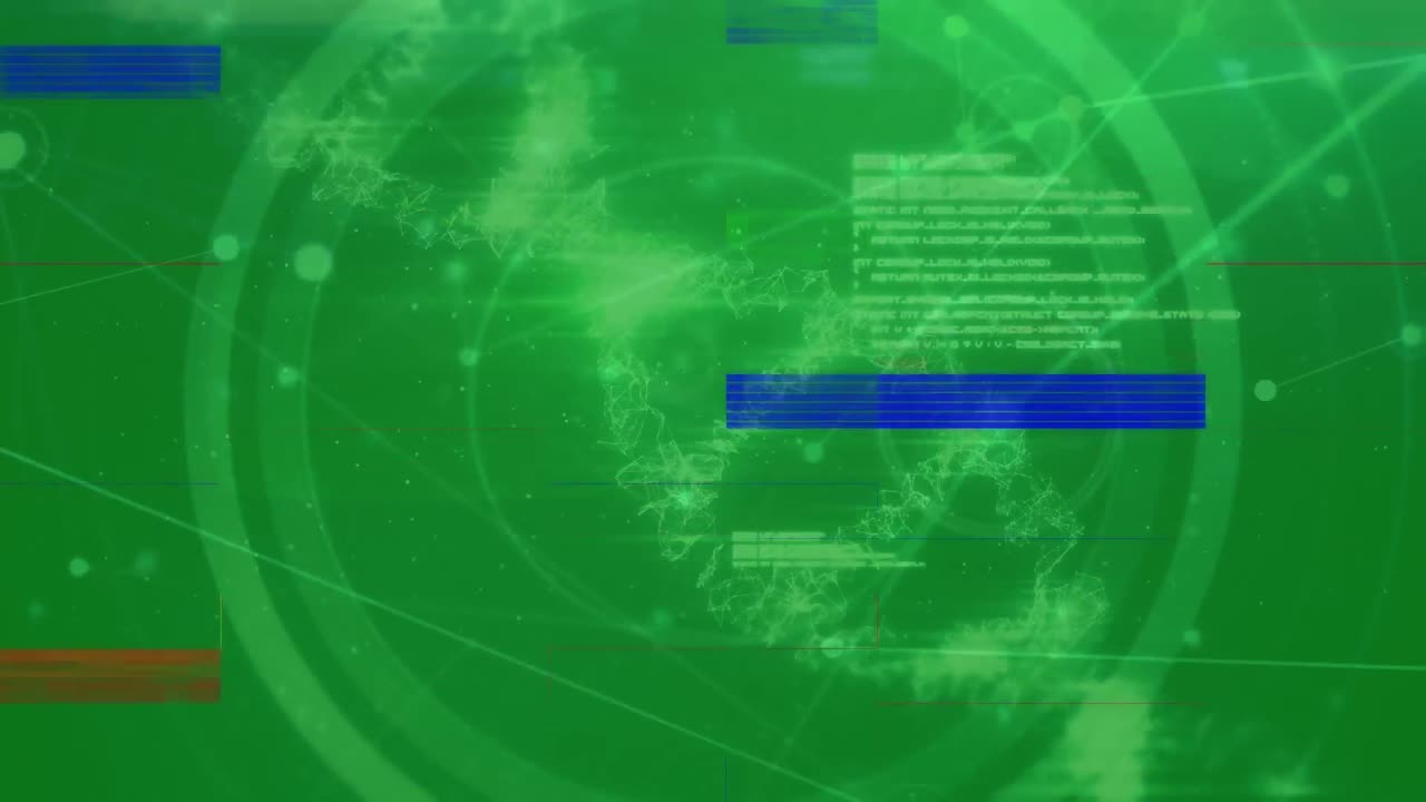 Animation of interference over network of connections with data processing and dna strand