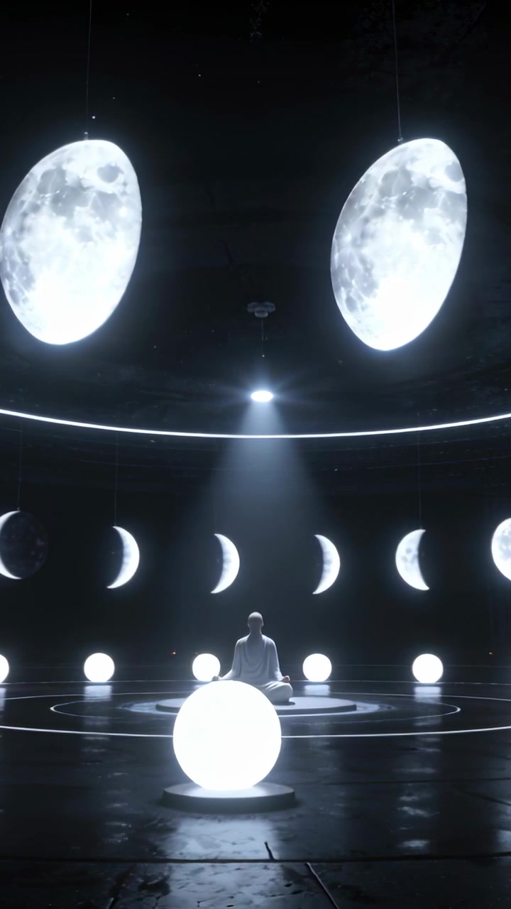 Video vertical: Foco de luz brillante iluminando a un meditador sentado con túnica clara en una plataforma con lunas.