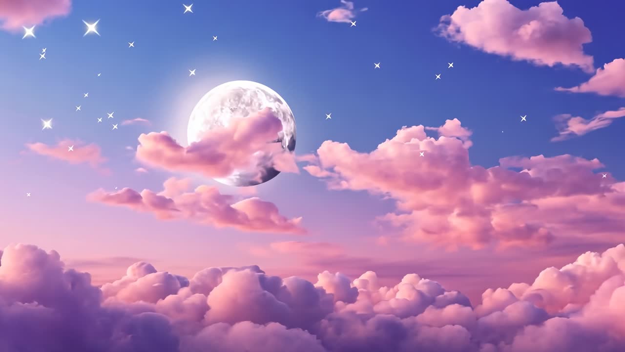 A dreamy, celestial video scene with a low-angle view of a glowing moon and stars amidst fluffy pink