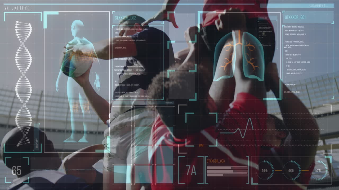 두 개의 다민족 럭비 팀이 럭비를 하는 것에 대한 인체 데이터와 통계의 애니메이션