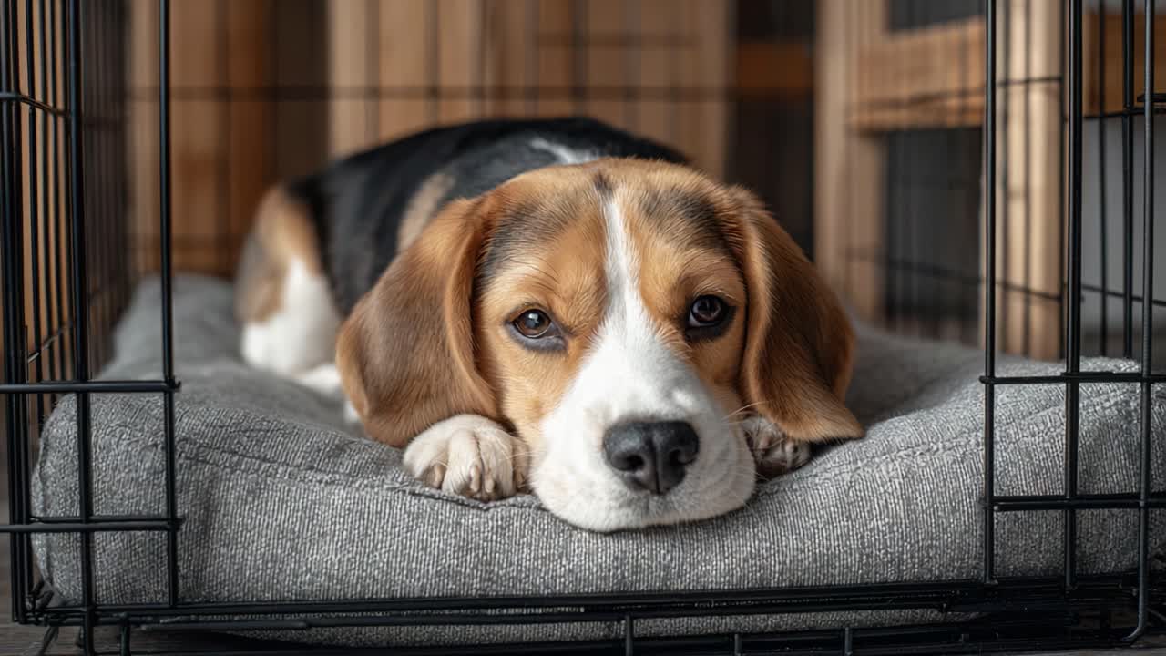 Un beagle pacifico che riposa comodamente in una cuccia accogliente con gli occhi chiusi, irradiando serenità e contentezza in un caldo ambiente domestico.