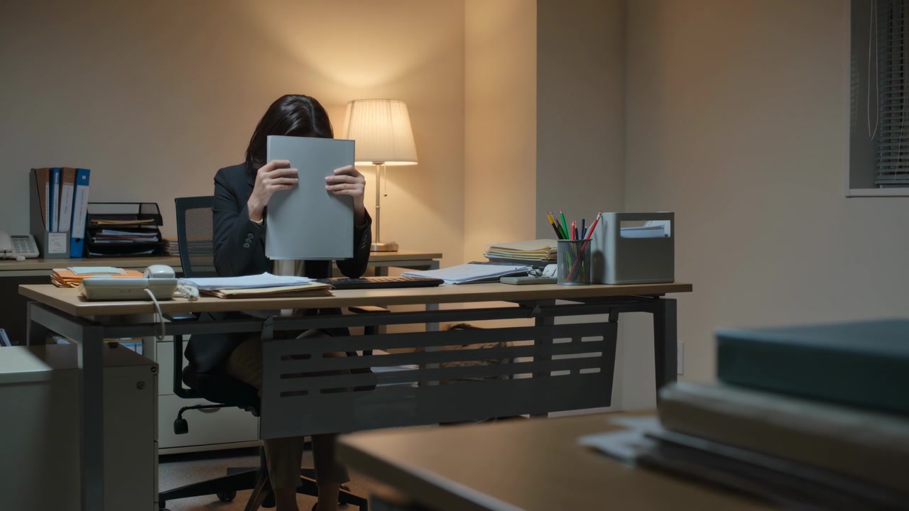Beginning by scanning, businesswoman raising document over face at desk with lamp and binders