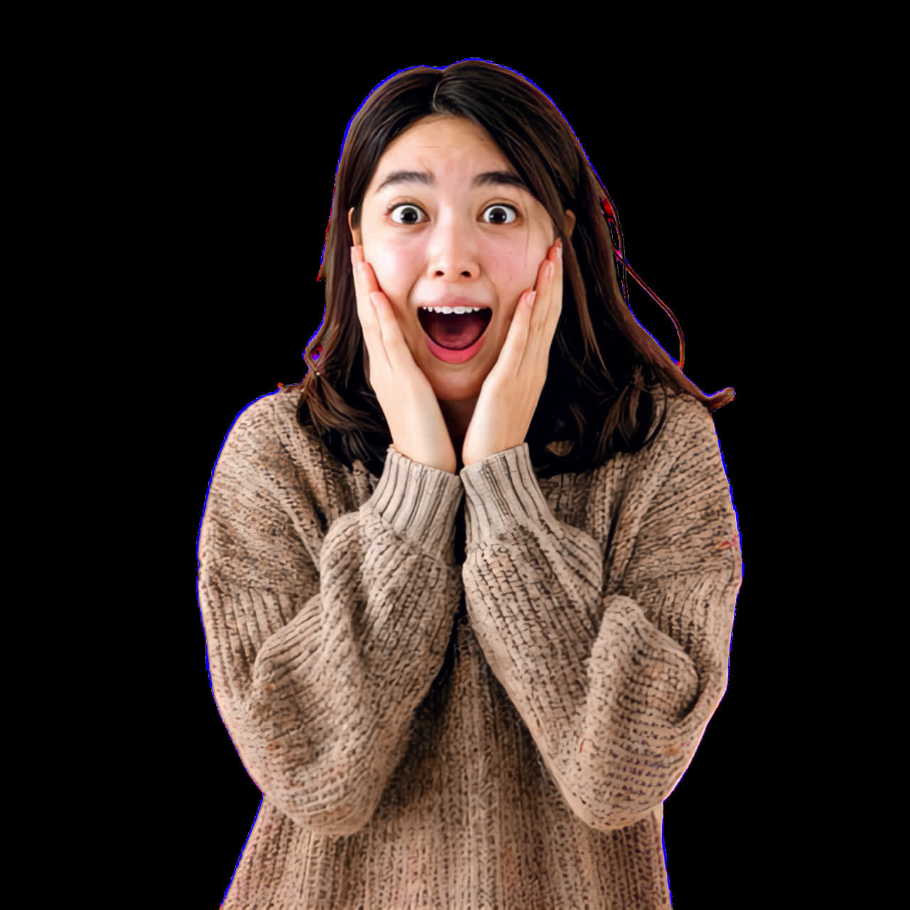 Shocked Asian woman animated overlay, transparent 4K video, alpha channel, ProRes 4444