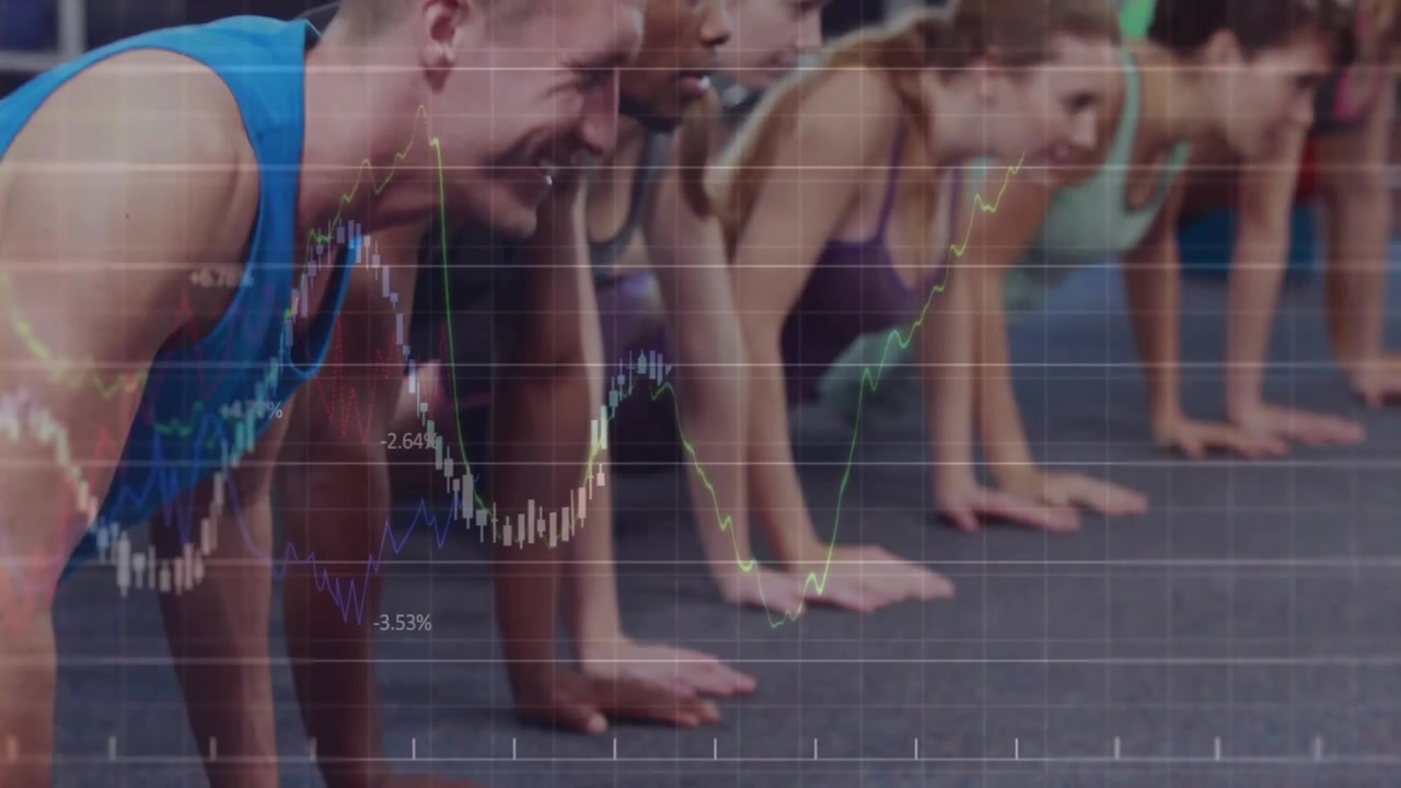 Group of People Doing Pushups in a Gym with Financial Data Overlay