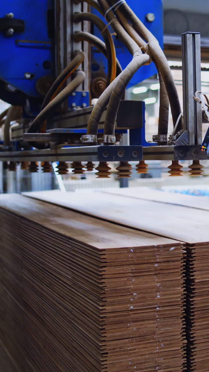 Robotic equipment in the wood factory. Interior of industrial plant for production of wooden furniture. Pile of parquet boards. Vertical video