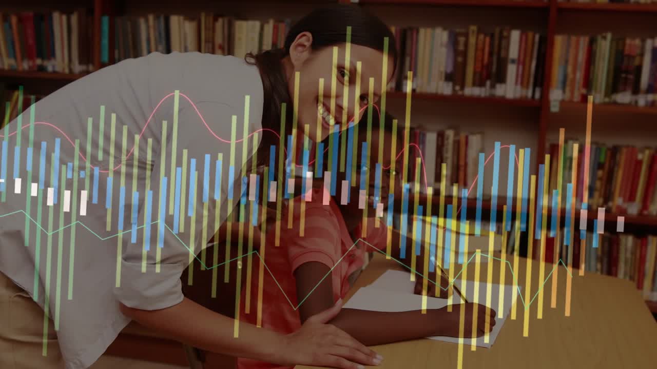 Tutor leaning over boy, guiding writing to help student, animated bars sliding in covering frame