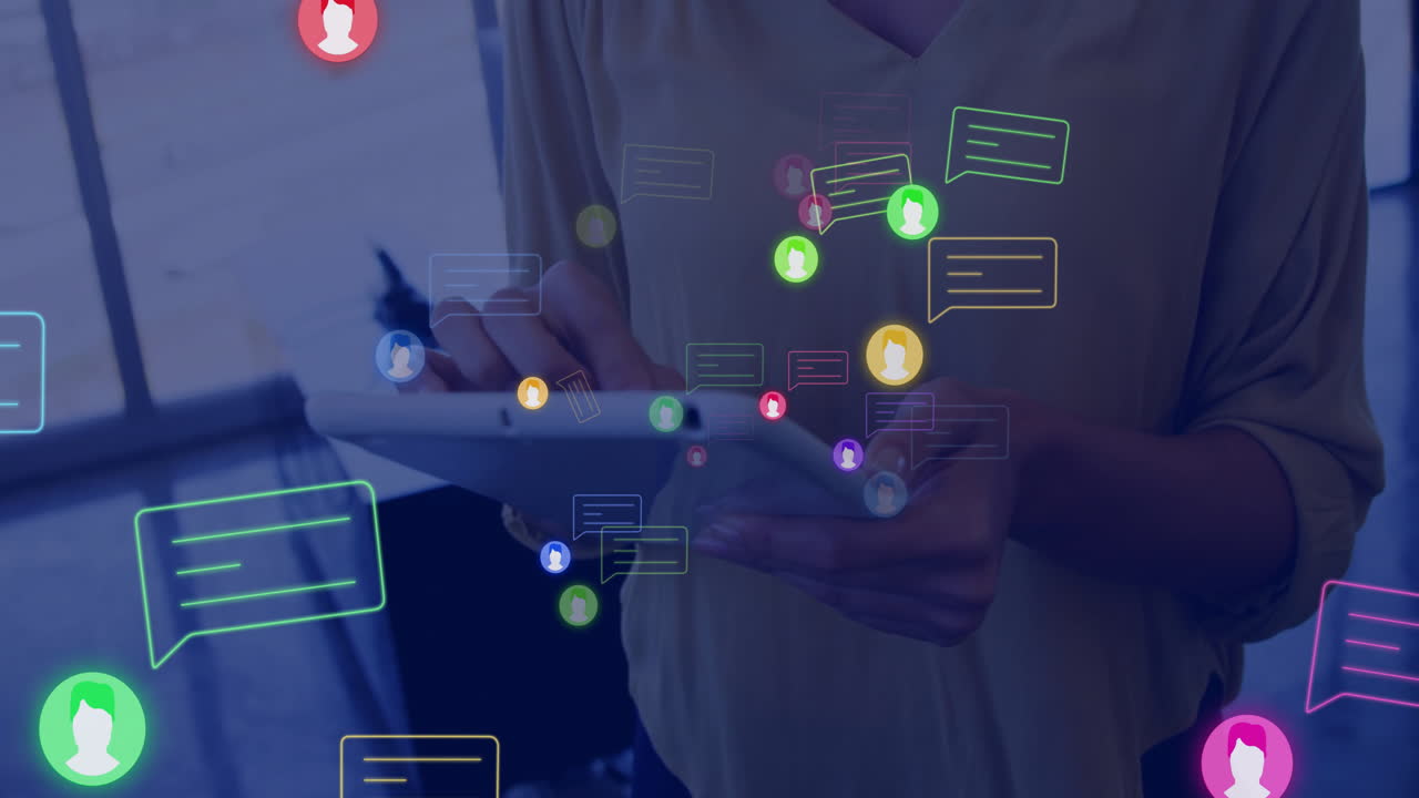 Using tablet, person in school with colorful animation chat icons floating