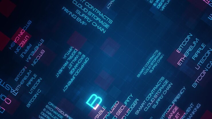 Blockchain animated tag word cloud text design. 4K 3D rendering seamless loop digital technology hitech concept. Blockchain animation kinetic typography cinematic title trailer background concept.