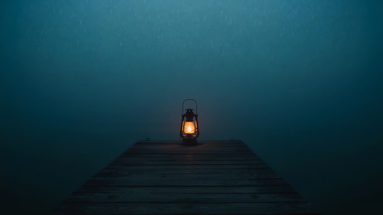 Spostando la telecamera in avanti, una lanterna a olio che tremola su un pontile di legno in mezzo all'acqua nebbiosa, rivelando la grana