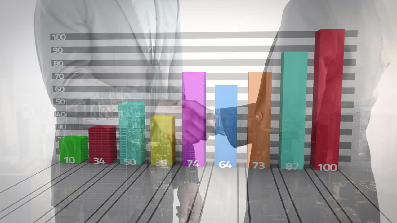 procesamiento de datos estadísticos contra la sección media de un hombre de negocios y una mujer de negocios que se dan la mano