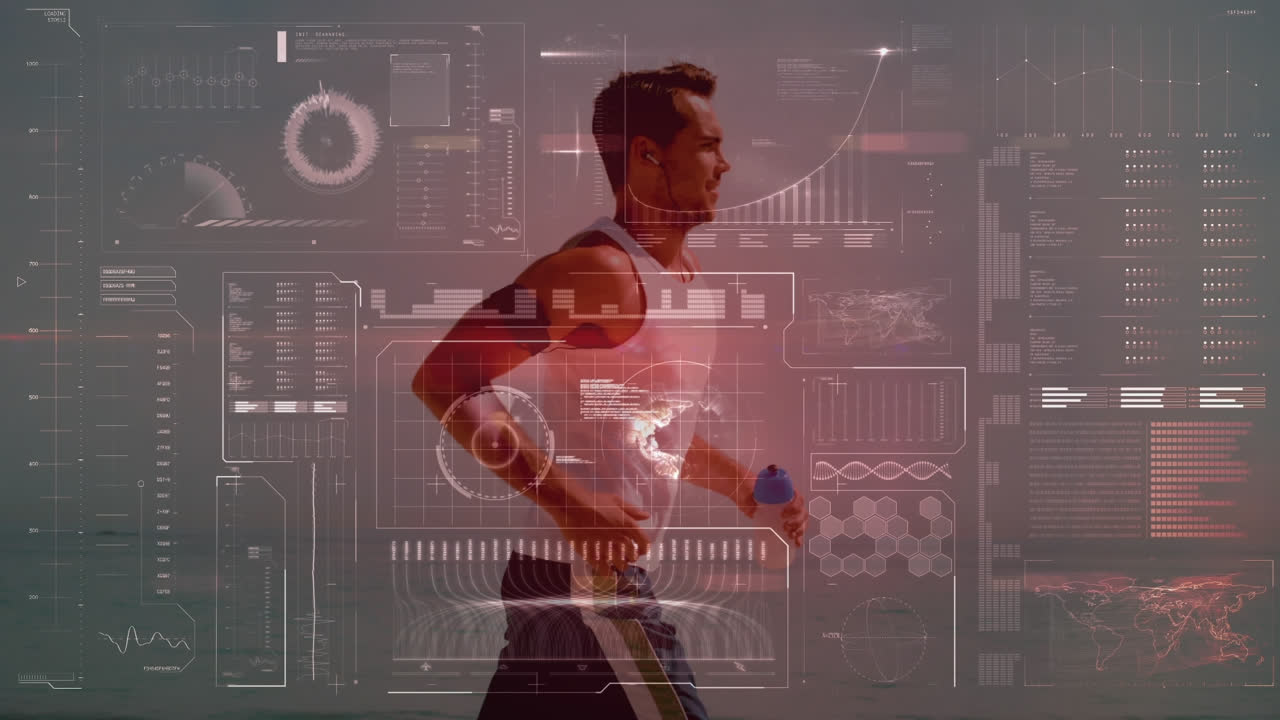 animación de escaneo de alcance y procesamiento de datos sobre hombre en condiciones de correr por la orilla del mar