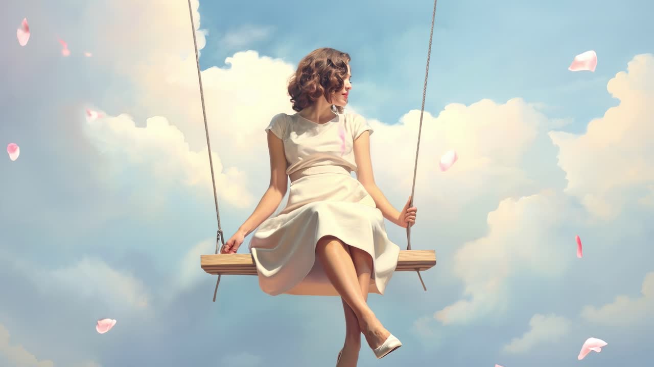Dreamy video concept with a woman on a swing amidst clouds and petals
