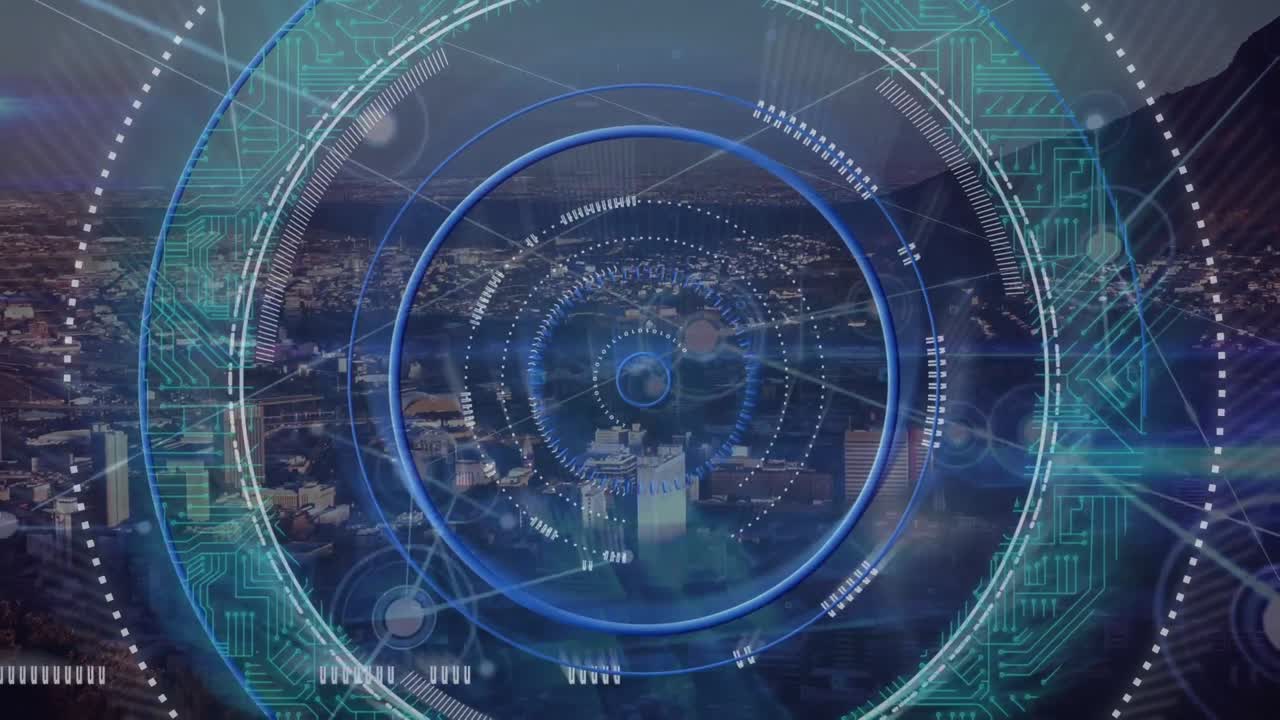 도시 풍경 위의 데이터 처리 애니메이션