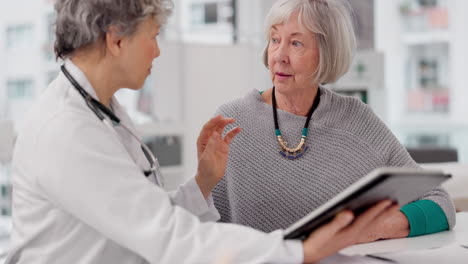 senior doctor, tablet and consulting patient