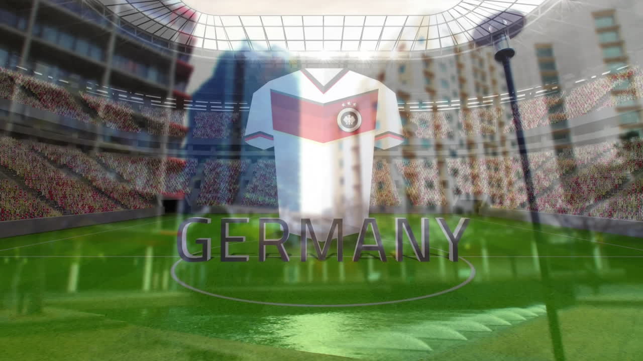 Floating Germany jersey hovering above center circle, showcasing 3D render tiered stadium design