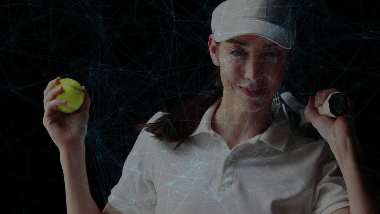 Female tennis athlete holding ball and racket in sports tech lab showing digital network overlay