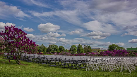 Lines-of-chair-for-wedding-ceremony-or-other-event-in-beautiful-garden,-fusion-time-lapse