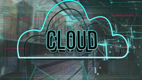 animación de texto en la nube y puntos conectados sobre edificios modernos