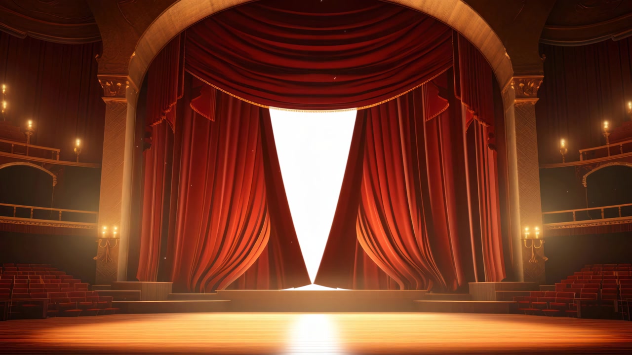 Tende di Velluto Rosso che si Aprono su un Palco Teatrale Vuoto