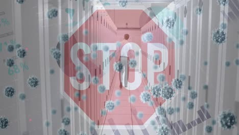 animación de células de virus, señal de alto e iconos sobre el hombre caucásico comprobando los cables del servidor