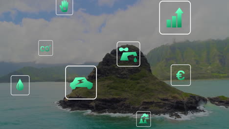 animación de iconos de ecología sobre el paisaje del lago