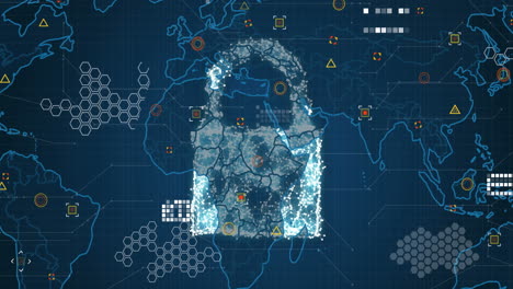 animación de la nube, el candado de seguridad y el icono del escudo sobre el mapa del mundo contra un fondo azul