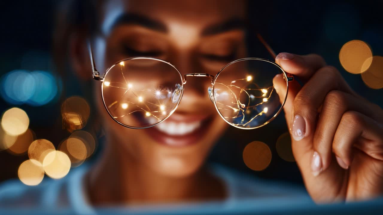 A close-up of a woman smiling as she holds glasses adorned with sparkling lights, showcasing a festive atmosphere while highlighting the joy and wonder of creativity and innovation in design