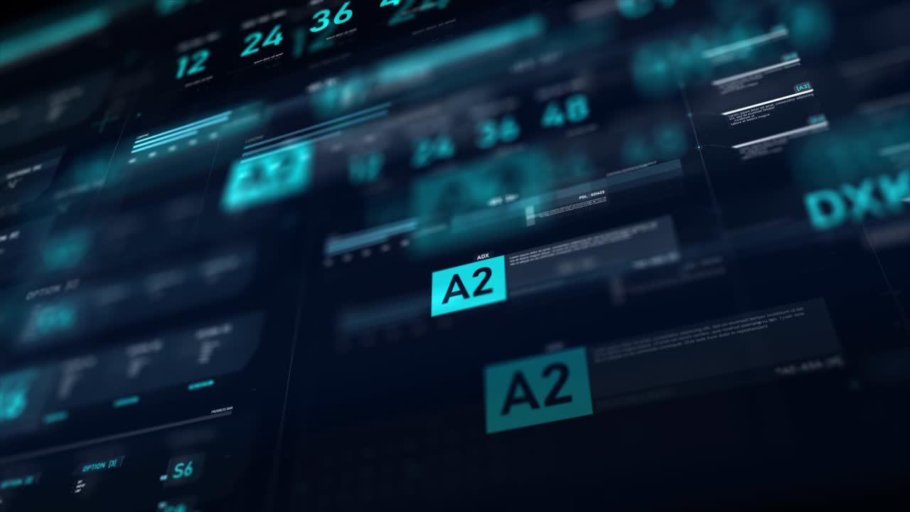 Futuristic user interface HUD GUI digital text number element for cyber technology concept with shallow depth of field dark and grain processed