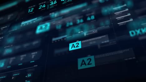 futuristic user interface hud gui digital text number element for cyber technology concept with shallow depth of field dark and grain processed