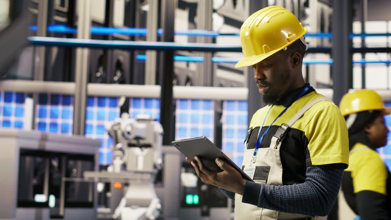 Vertical video Smart factory repairman using tablet to analyze IoT sensors data