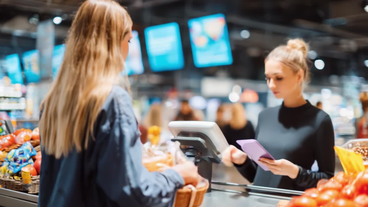 A busy grocery store checkout scene featuring a woman making a purchase while the cashier processes the transaction, surrounded by vibrant displays of fresh produce and snacks