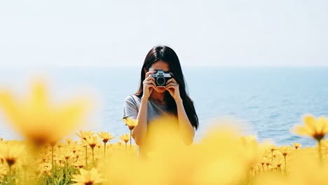 woman taking a photo in a field of yellow flowers by the sea
