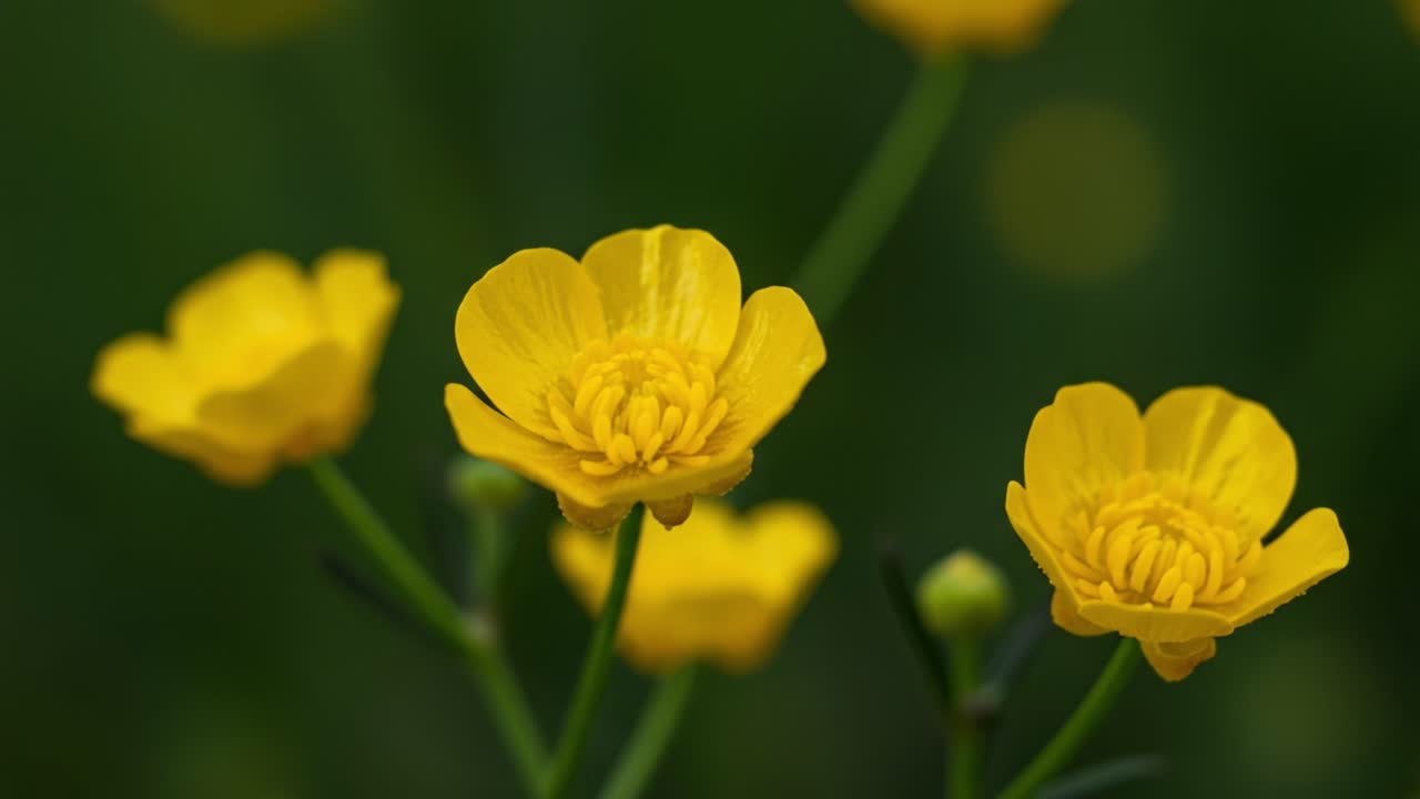 A Close-Up View of Radiant Yellow Buttercup Flowers, Showcasing Their Vibrant Color and Intricate Petal Structures in a Lush Green Background, Symbolizing Beauty and Nature's Delight